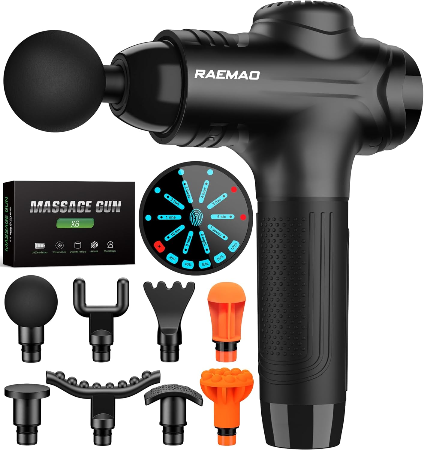 RAEMAO Massage Gun. Handheld Electric Deep Tissue Muscle Massager for Athletes for Pain Relief Attaching 8 Replacement Heads. Percussion Massager with 10 Speeds. Father's Day Gifts. Black