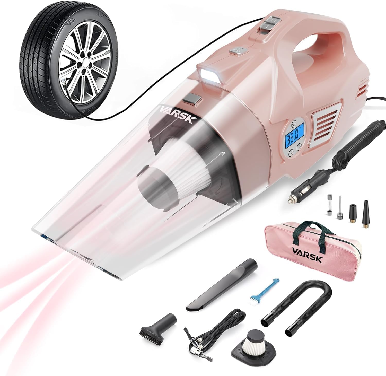 VARSK 4-in-1 Car Vacuum Cleaner High Power. Presents for Her Women Girls Mom. Pink Handheld Car Vacuum Portable Tire Inflator with Digital Tire Pressure Gauge LCD Display and Light. 12V DC. 15FT Cord