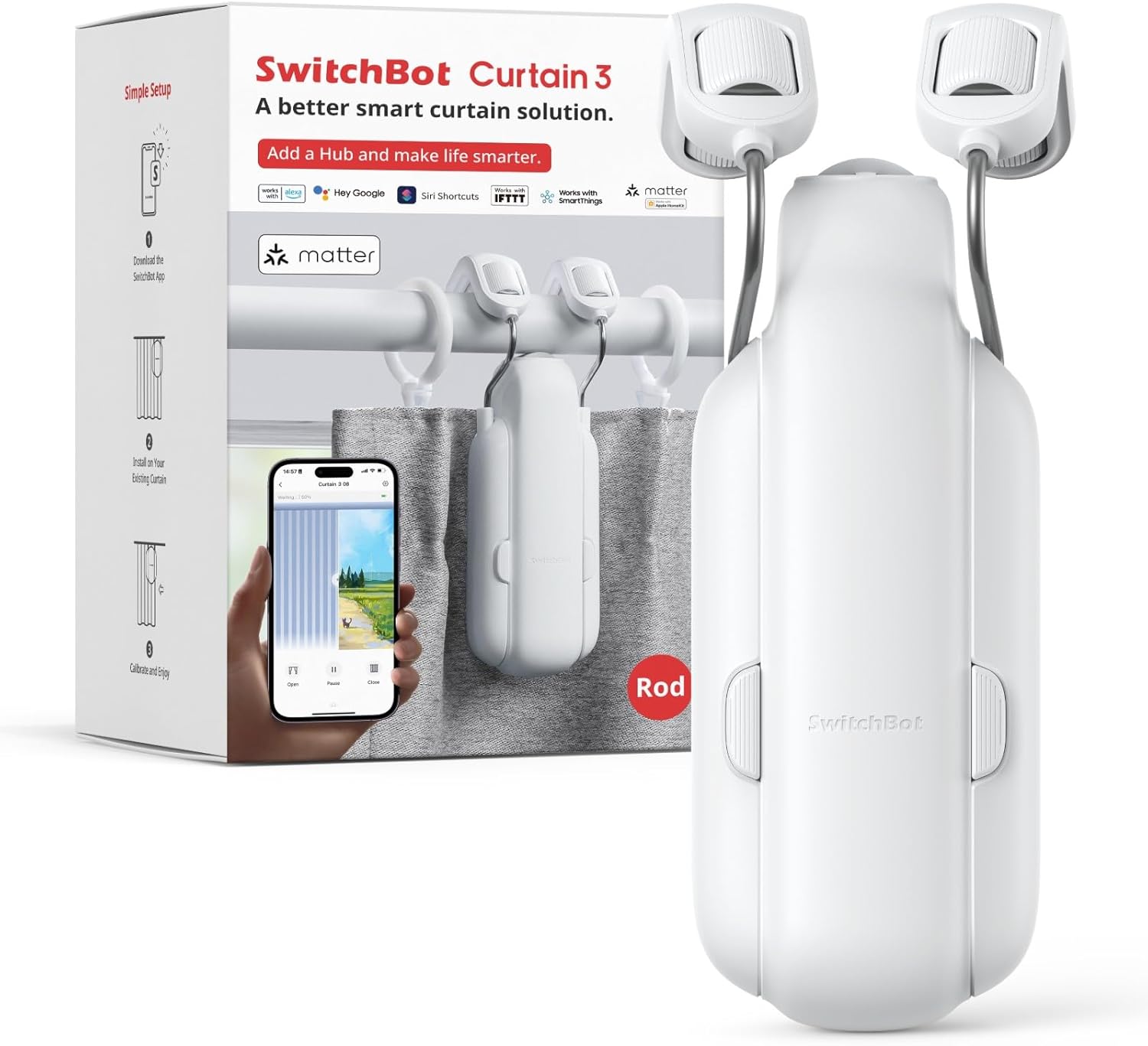 SwitchBot Automatic Curtain Opener - Bluetooth Remote Control Smart Curtain with App/Timer. Upgraded High-Performance Motor. Add SwitchBot Hub to Work with Alexa. Google Home. HomeKit (Curtain 3. Rod)